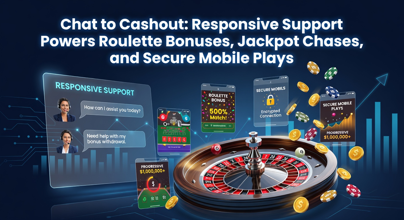 Ein dynamisches Chat-Fenster auf einem Smartphone zeigt einen Support-Mitarbeiter, der Roulette-Boni und Auszahlungsanfragen bearbeitet, während im Hintergrund ein Roulettetisch dreht