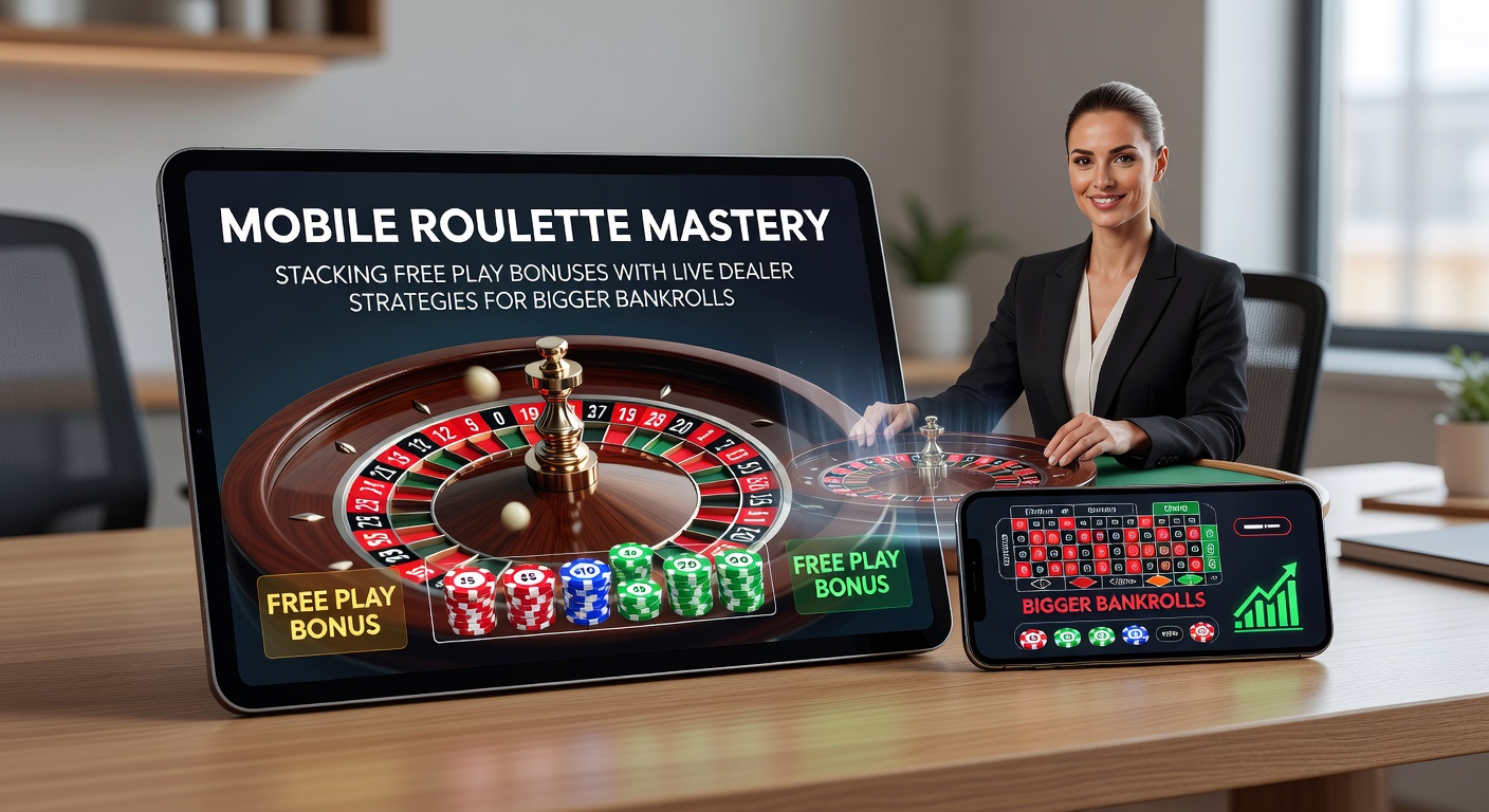 Smartphone mit laufendem Mobile-Roulette-Spiel und Bonus-Symbolen im Vordergrund, das Stapeln von Free Plays mit Live-Dealer-Action zeigt