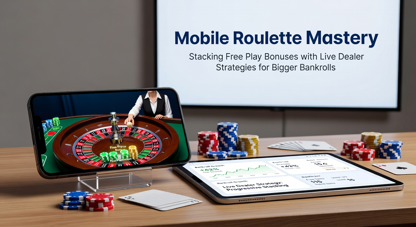 Grafik mit gestapelten Bonus-Chips auf einem Mobile-Roulette-Tisch neben einem Live-Dealer-Stream, symbolisierend kombiniertes Bonus- und Strategie-Spiel